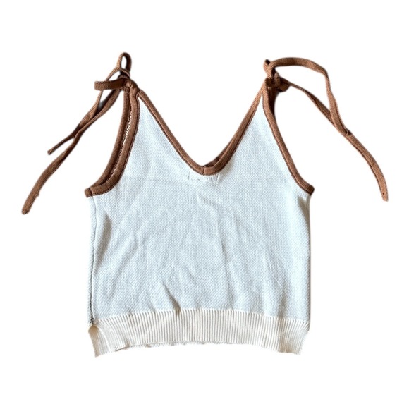 MISS SPARKLING Knit Happy face sweater tankTank Top Tie Shoulder Brown Cream - Picture 4 of 10